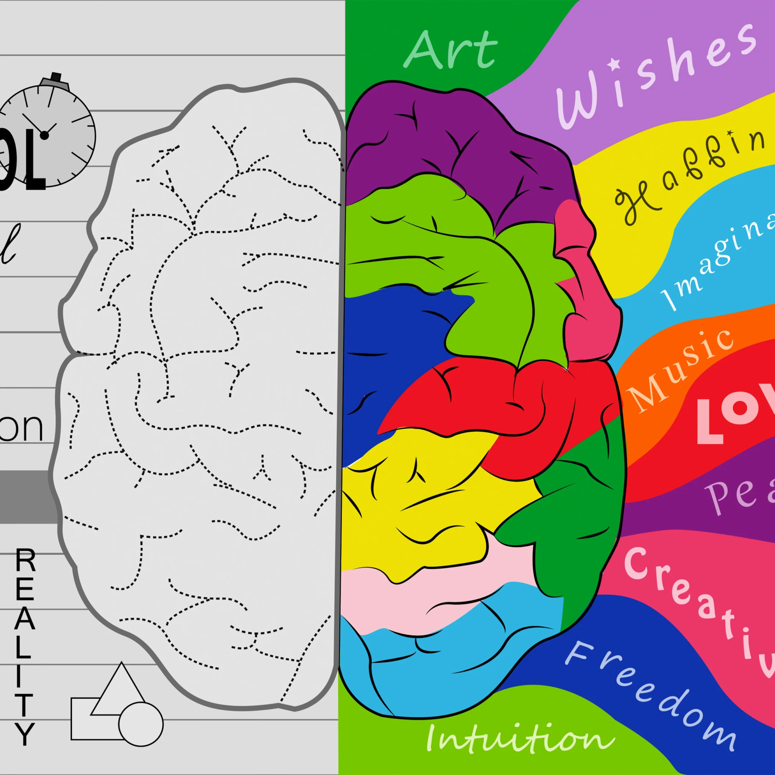 Brain illustration showing logical versus creative sides for personality-based mental wellness Brain illustration showing logical versus creative sides for personality based mental wellness
