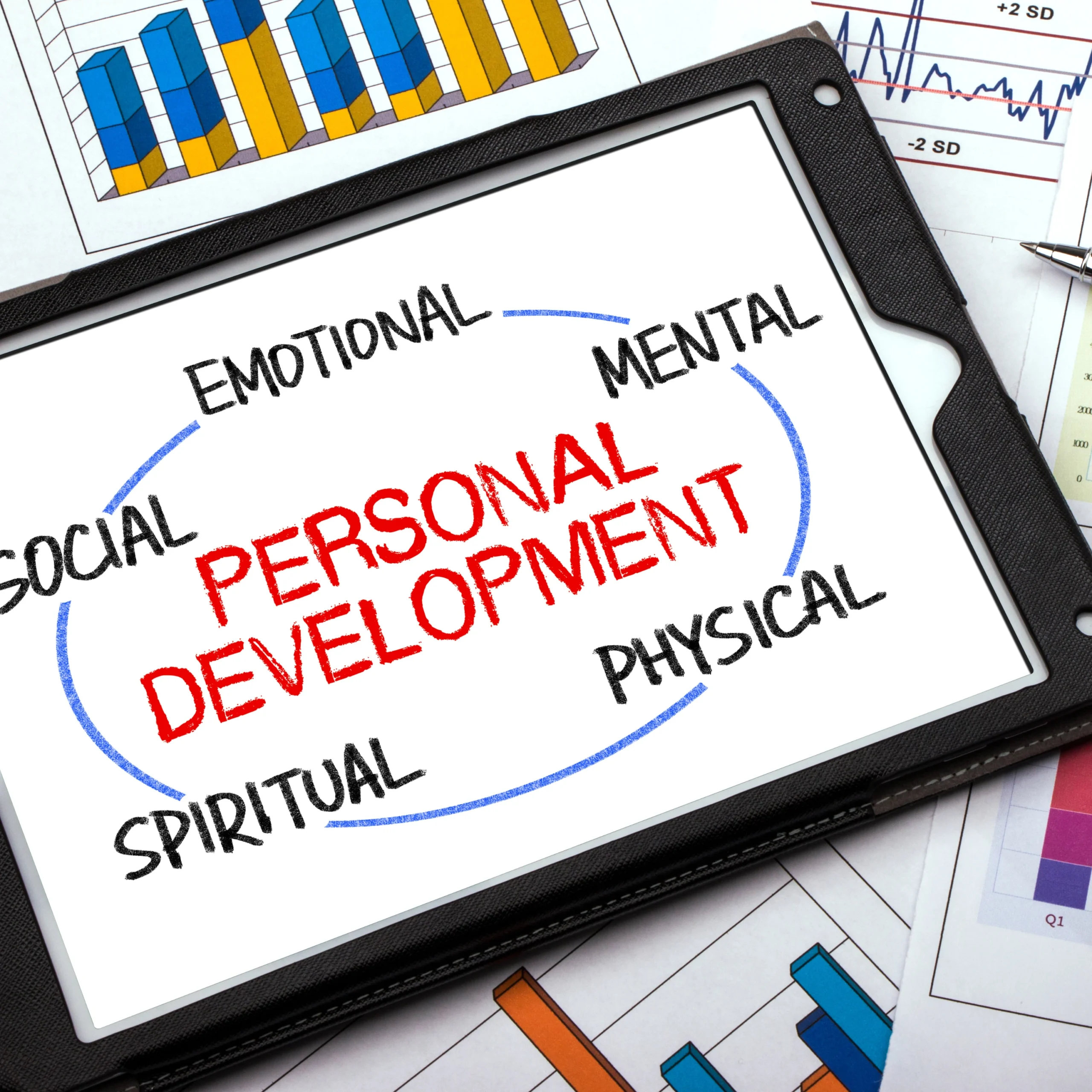 Personal development tablet with mental wellness dimensions and personality coaching concept Personal development tablet with mental wellness dimensions and personality coaching concept