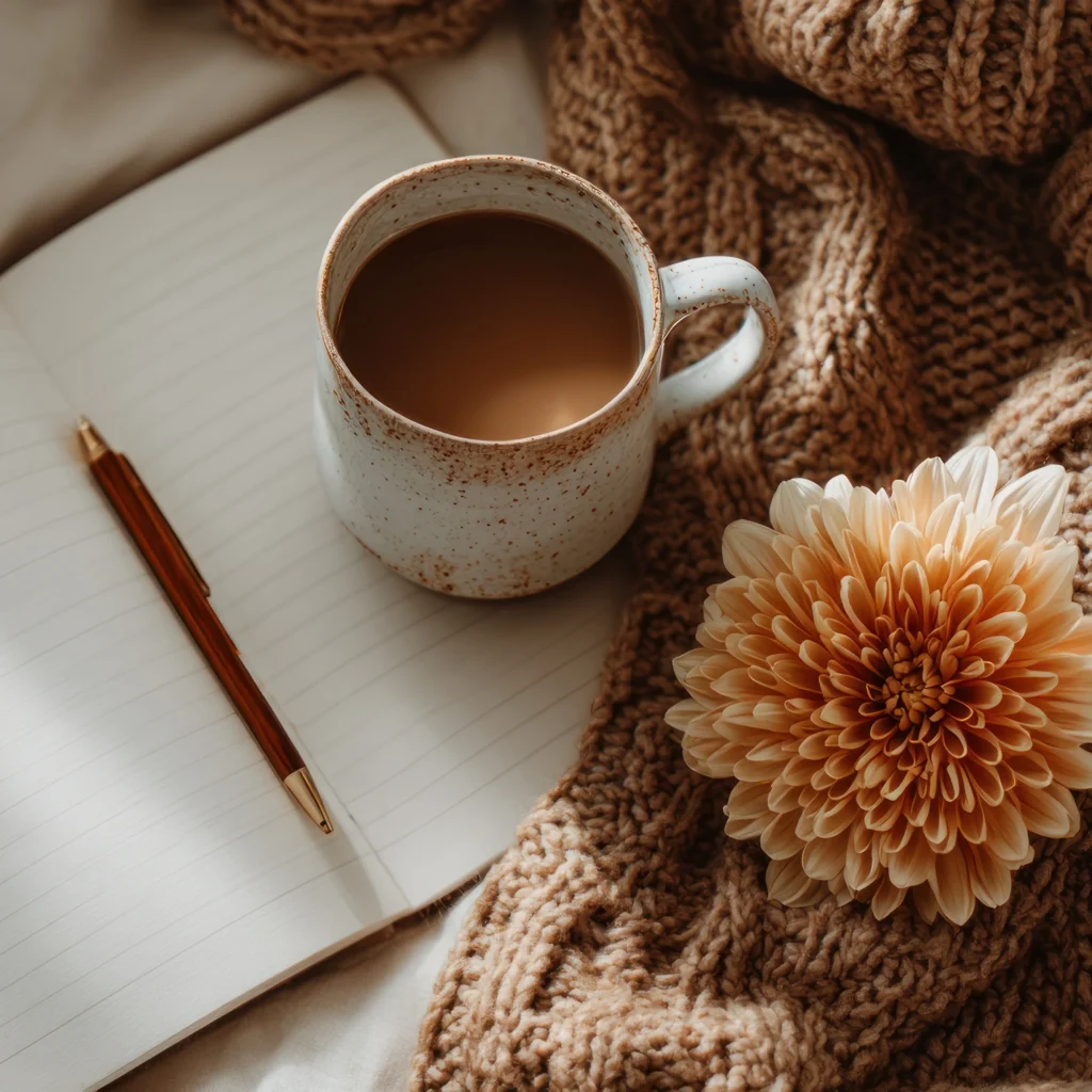 Coffee, notebook, and flower on cozy blanket