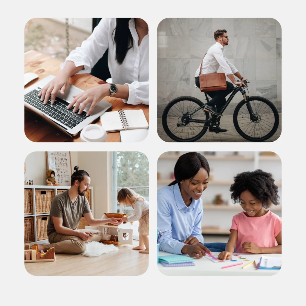 Four panels showing different work scenarios and lifestyles