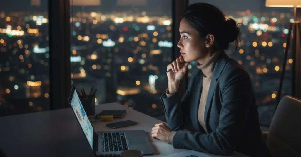 Professional woman looking contemplative while working late at her desk, city lights visible through office window.