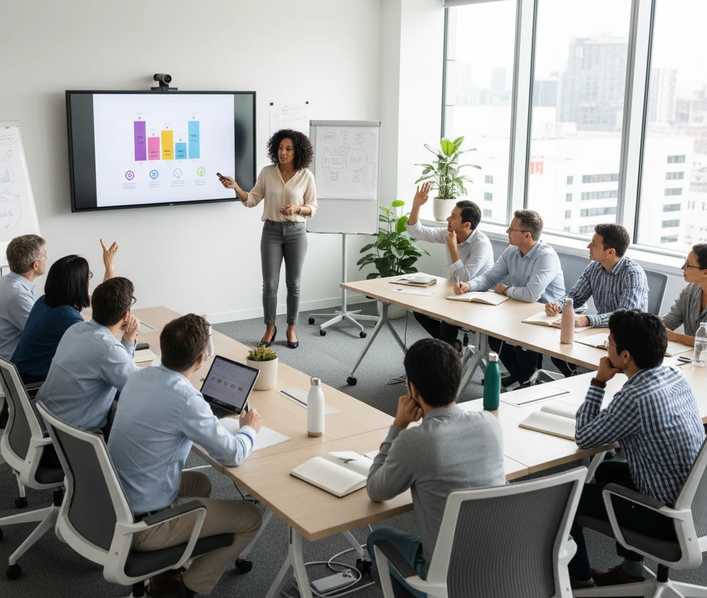 Person leading a workshop with engaged participants in a bright, modern training room.