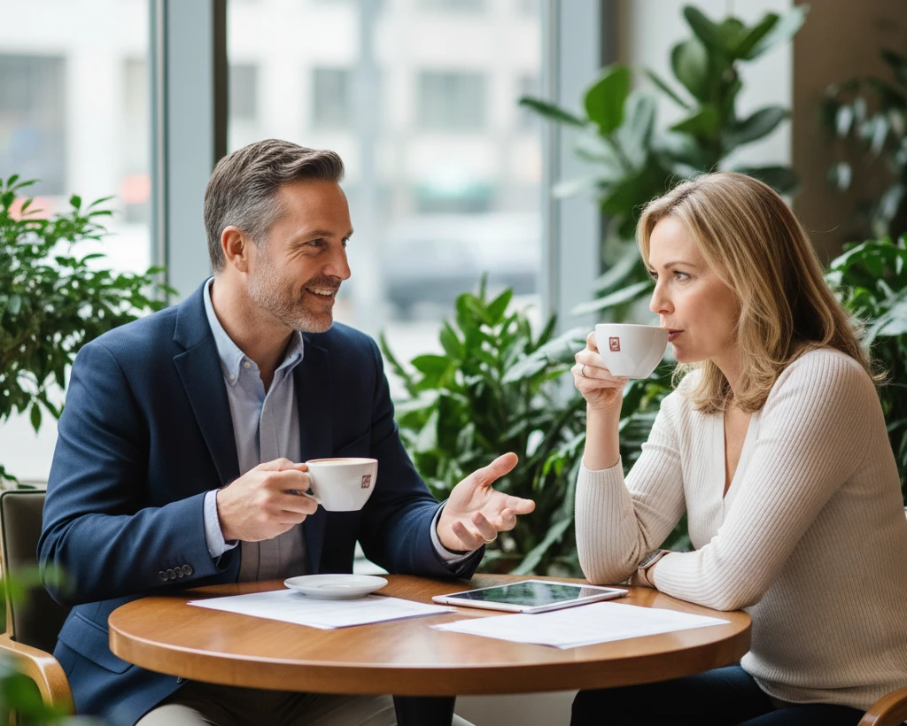 Professional having coffee meeting with potential client in upscale café, both looking engaged in conversation.