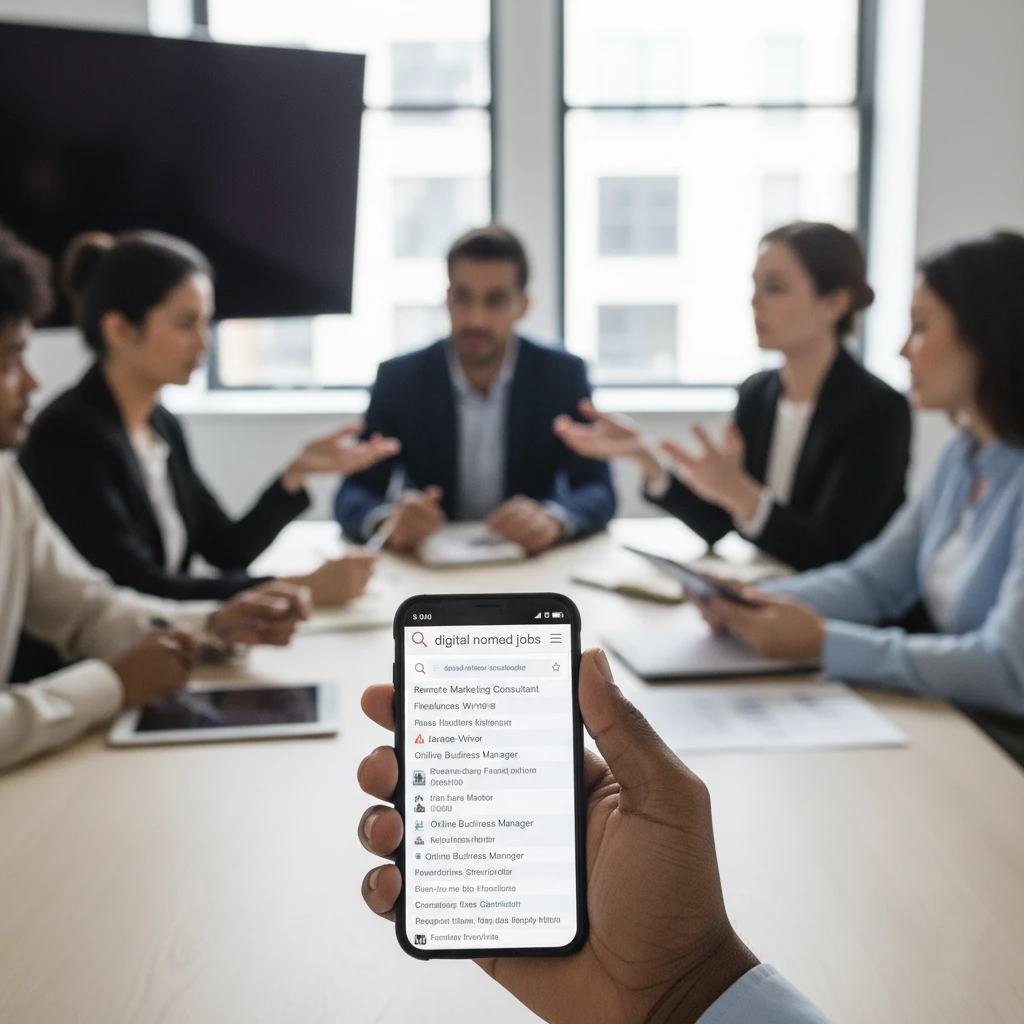 lose-up of hands holding smartphone showing "digital nomad jobs" search results.