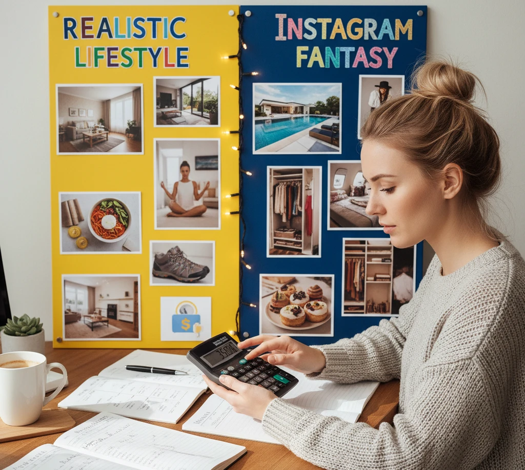 A woman at a desk uses a calculator, with notebooks open.