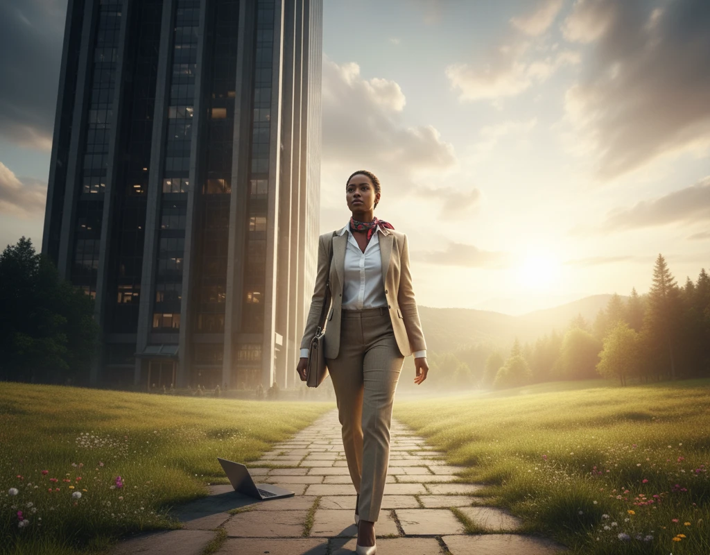 Professional confidently walking from corporate building toward brighter, open landscape representing freedom.