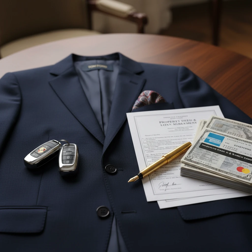 Expensive items laid out - designer suit, car keys, mortgage documents, credit card statements.