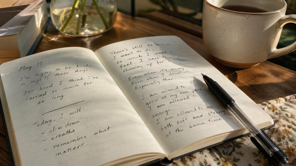 Journal with reflective notes about beliefs and personal clarity