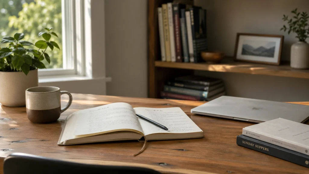 Open notebook and closed laptop showing a pause in a busy life