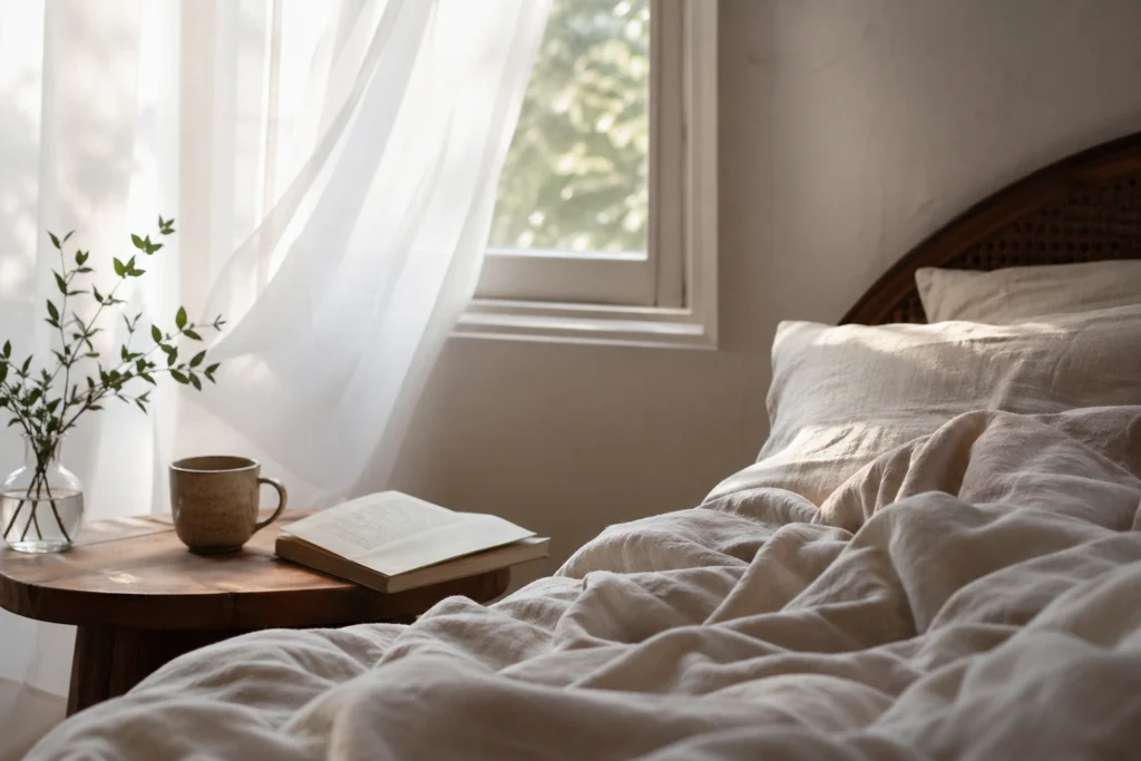 Peaceful room with book and tea representing a calm starting point for personal clarity