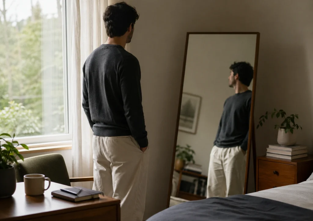 Person standing by a window reflecting on identity and personal change