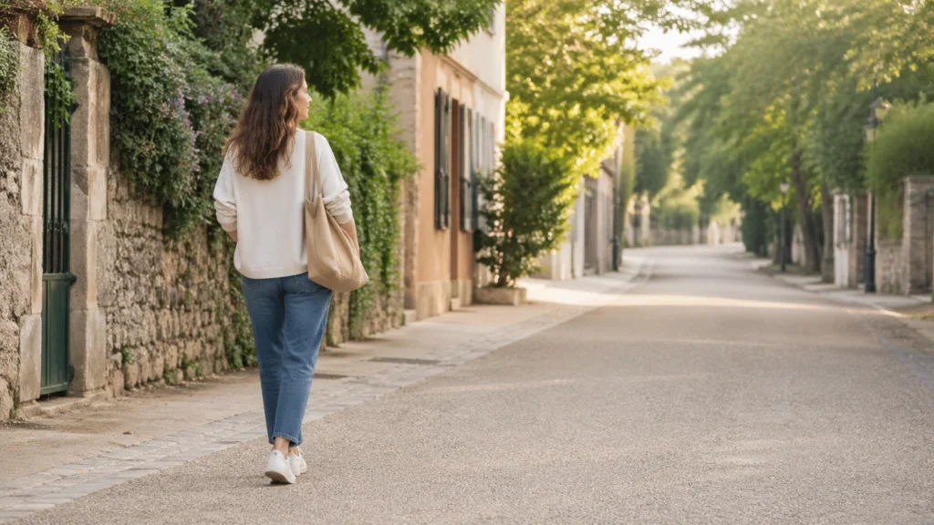 Person walking along a quiet path while thinking about future direction