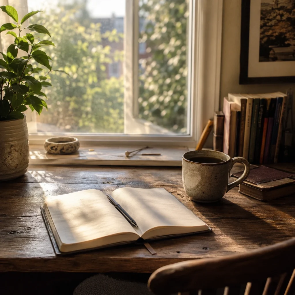 Calm desk with a notebook and coffee in soft natural light, representing reflection on work and life balance.
