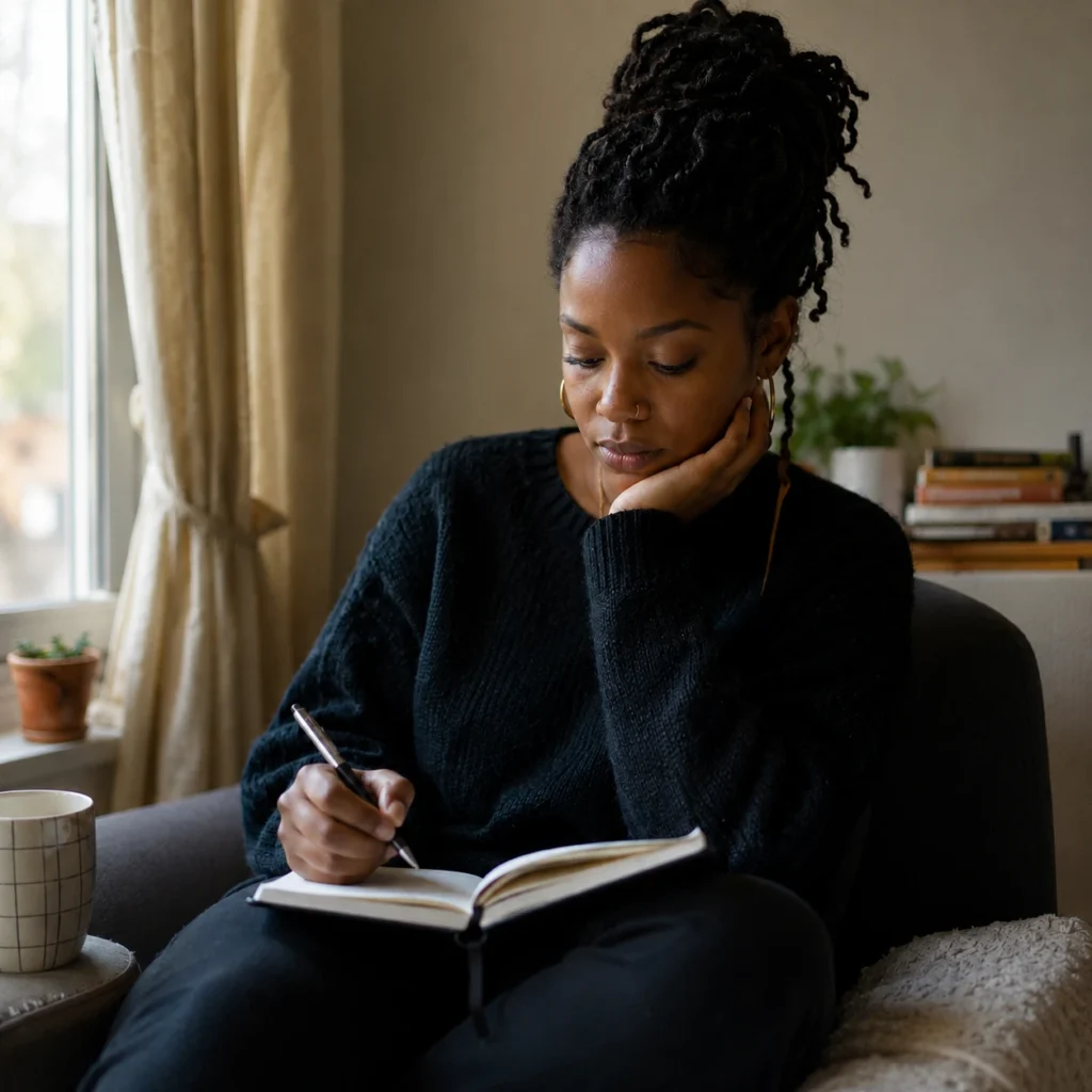 Person journalling quietly while reflecting on life, success, and how they want to spend their time.