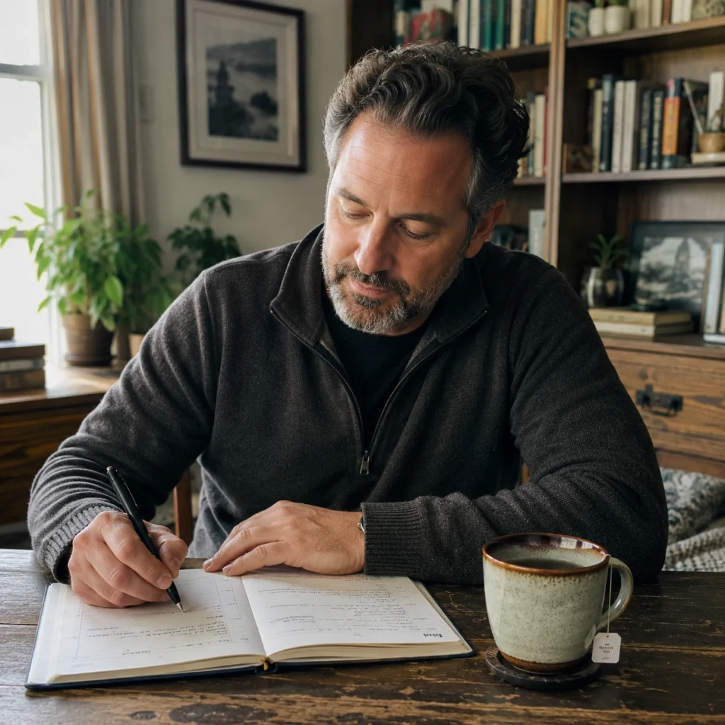 Person writing in a planner at home, reflecting on how they want their work life to feel.