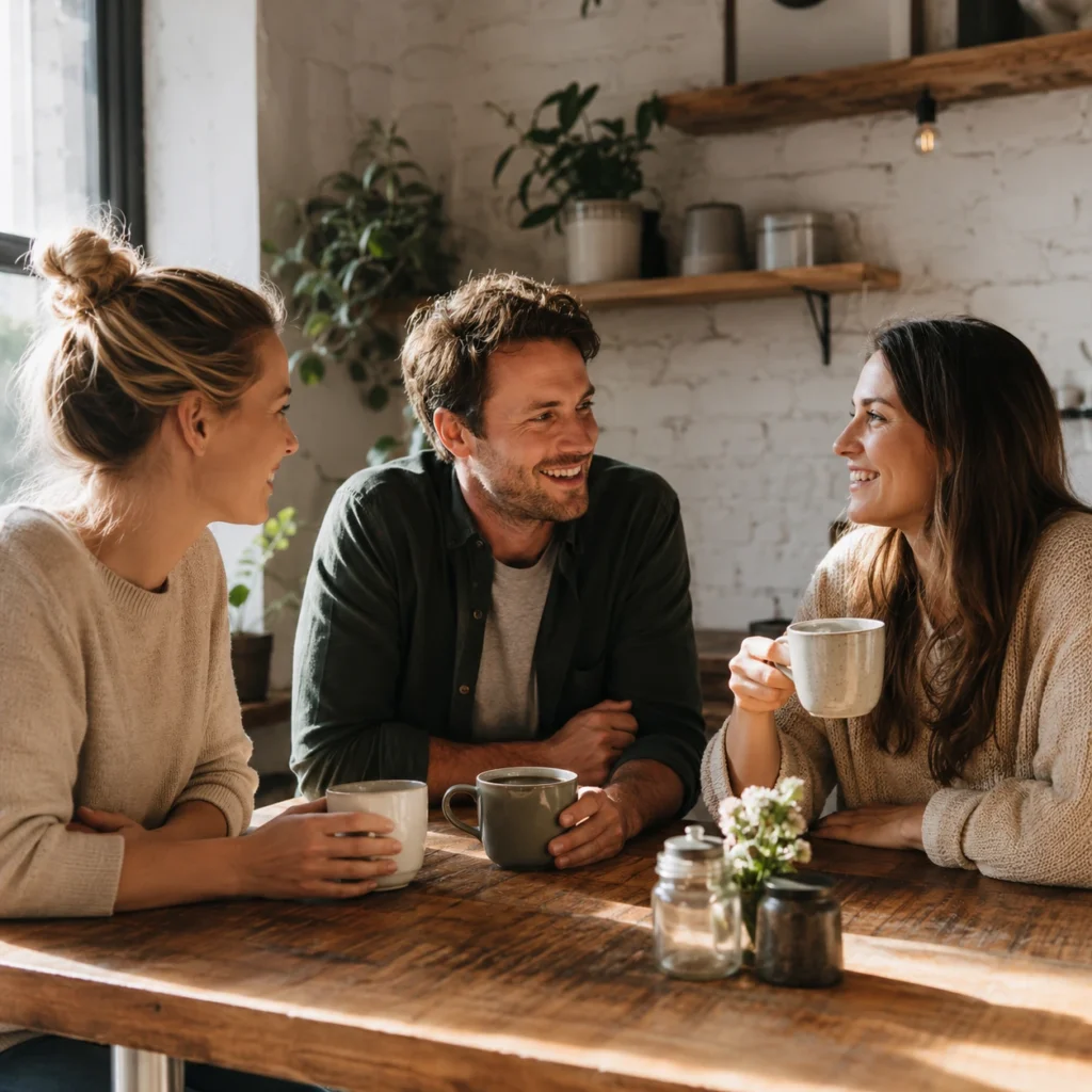 Two people sharing coffee and conversation, representing stronger relationships and presence outside work.