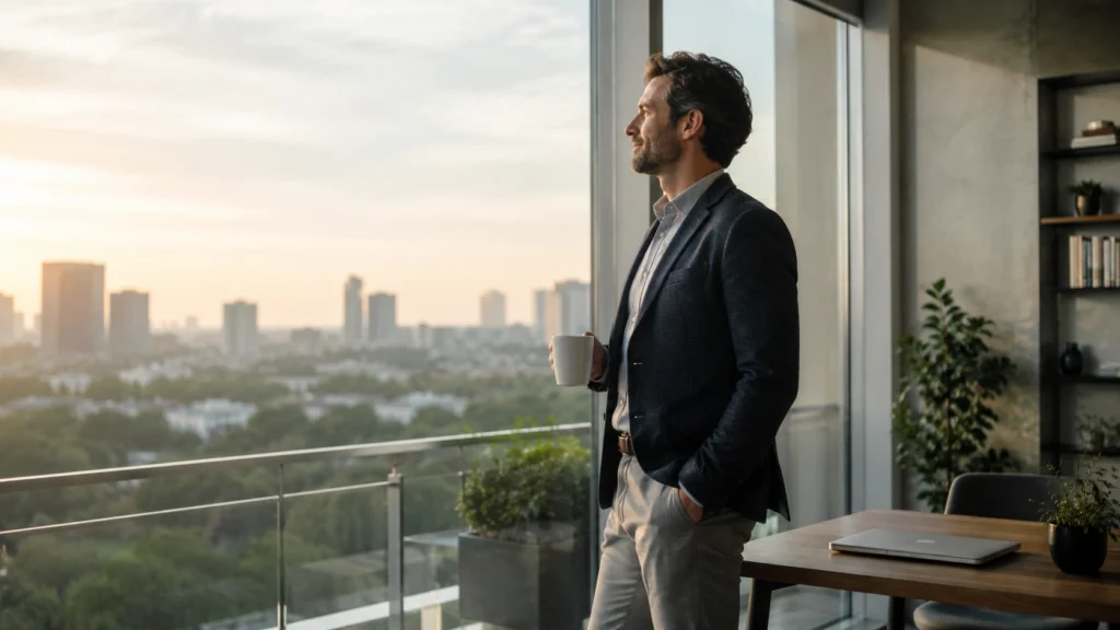Man looking out of an office window on a bright weekday morning.