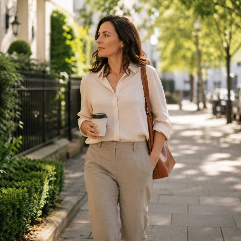 Woman walking outdoors on a bright weekday morning, away from work.