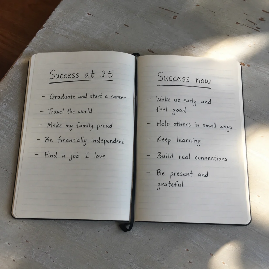 A notebook open on facing pages, one headed "Success at 25", the other "Success now"