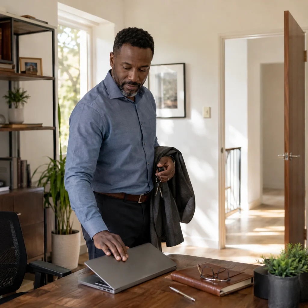 Mid-afternoon, a professional closing their laptop and picking up keys or a jacket, doorway light ahead. Leaving on their own terms, not escaping. Alt text: Professional closing a laptop mid-afternoon and picking up a jacket to head out.